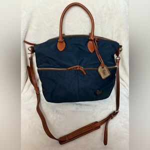 Dooney & Bourke Navy and Brown Nylon Tote With Leather Trim